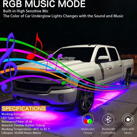 Car Underglow Lights, 4Pcs Multicolor Bluetooth Music Chasing Kit App Control - Picture 4 of 13